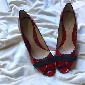 Red patent leather scalloped shoes- 3 inch heels.- ARTUROCHIANG-8 1/2